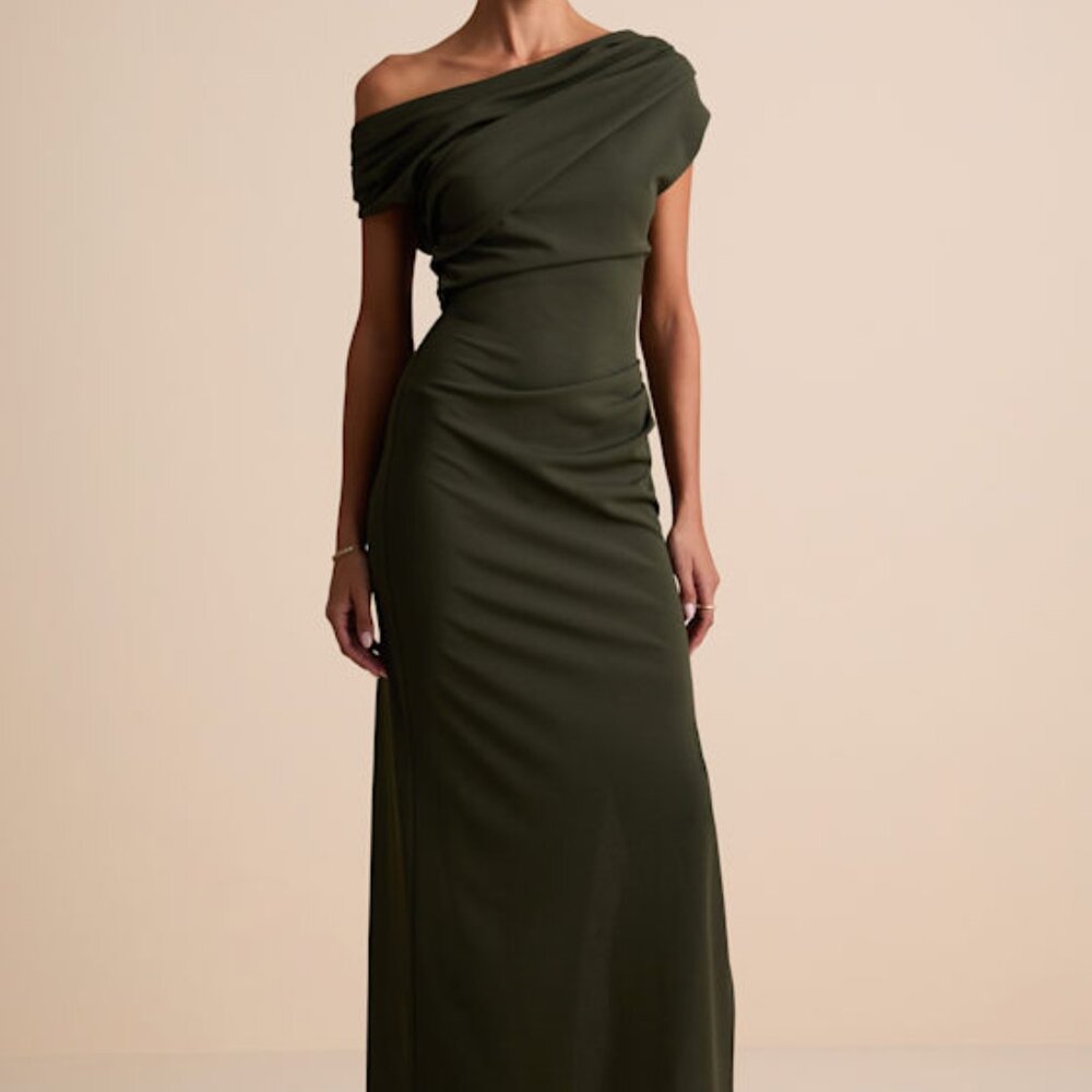 Lulus Janine Dark Olive Asymmetrical Maxi Dress Green - Size S